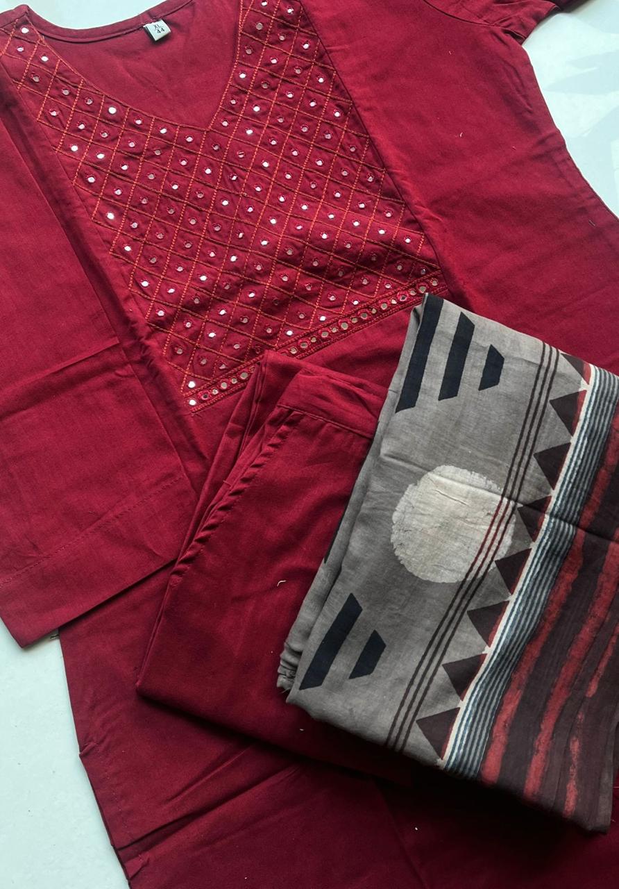 Deep Maroon Mirror Work Kurta Set with Geometric Dupatta