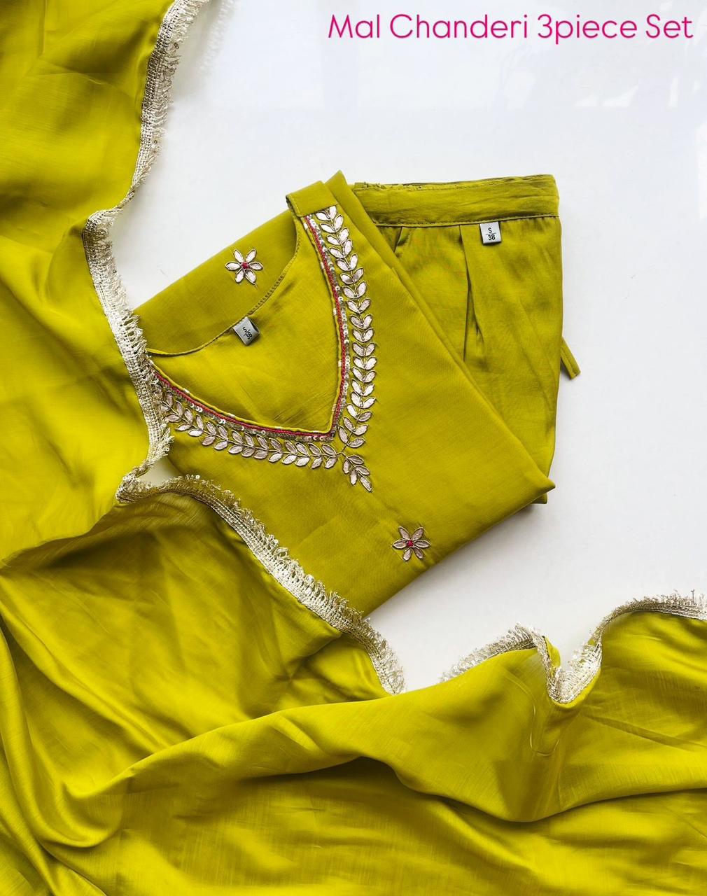 Olive Green Mul-Chanderi Kurta Set - Embroidered Top with Dupatta