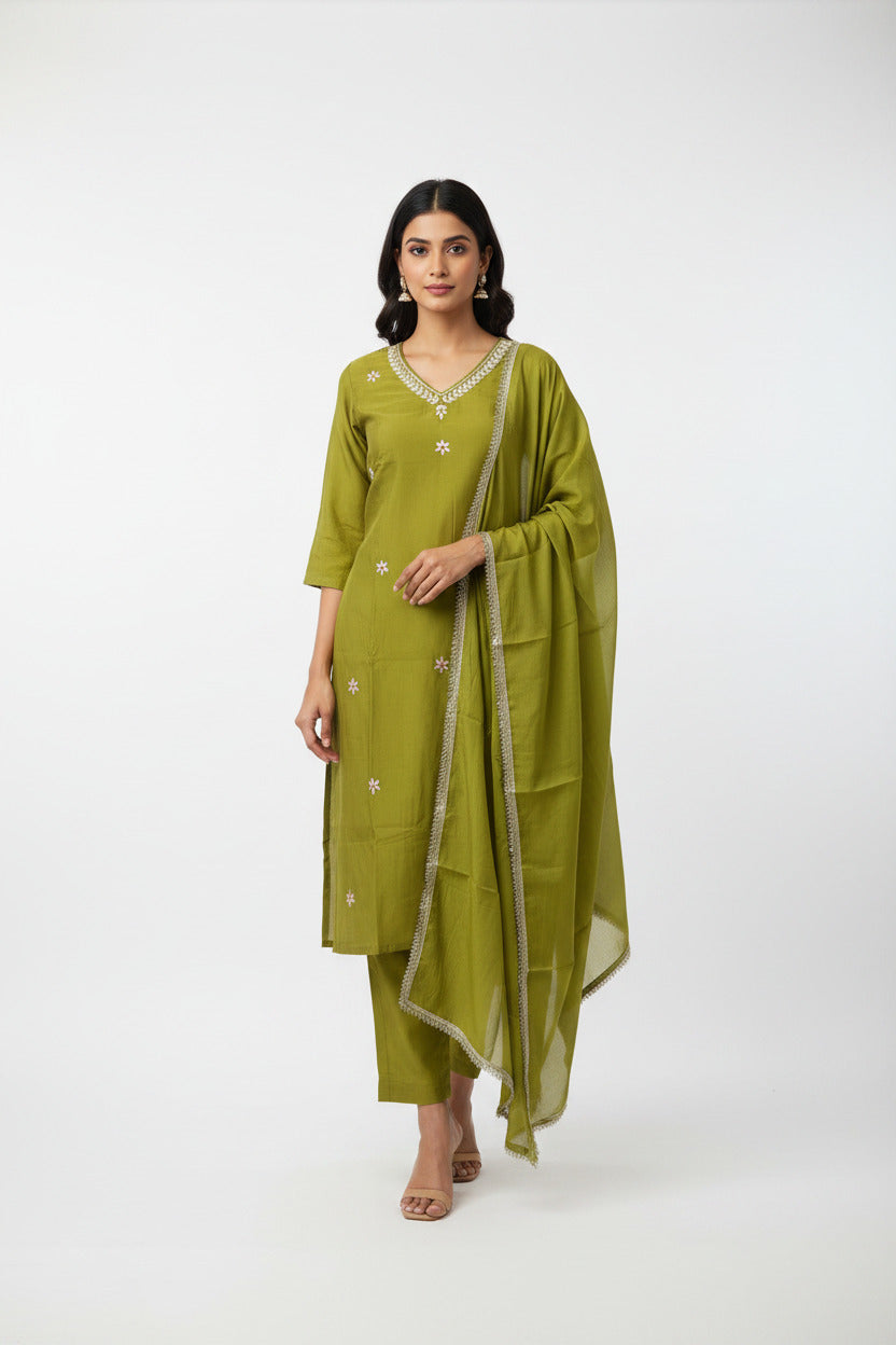 Olive Green Mul-Chanderi Kurta Set - Embroidered Top with Dupatta