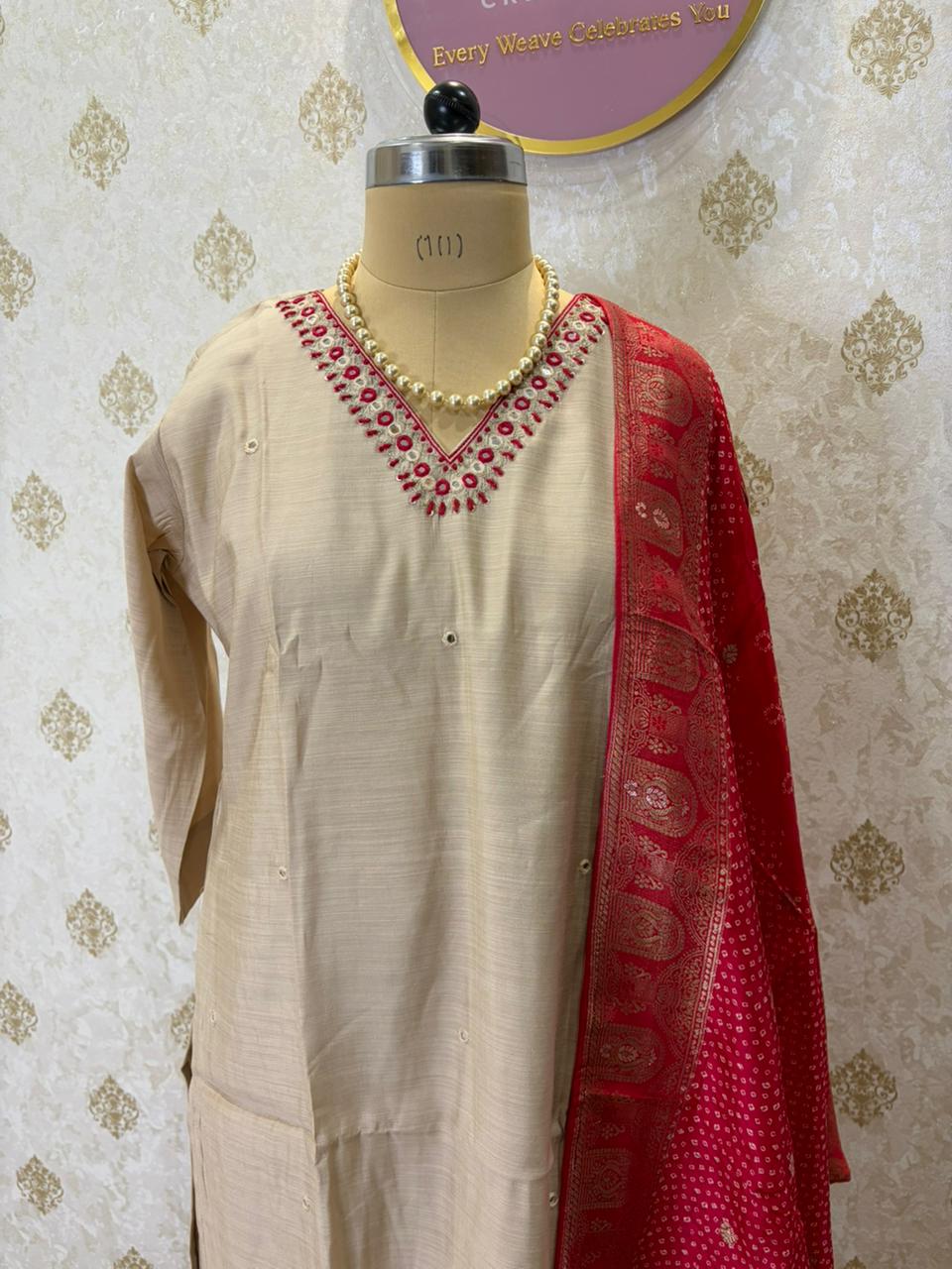 Beige Straight Kurta Set with Rich Bandhini Dupatta