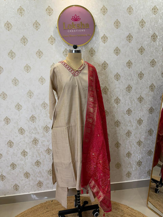 Beige Straight Kurta Set with Rich Bandhini Dupatta