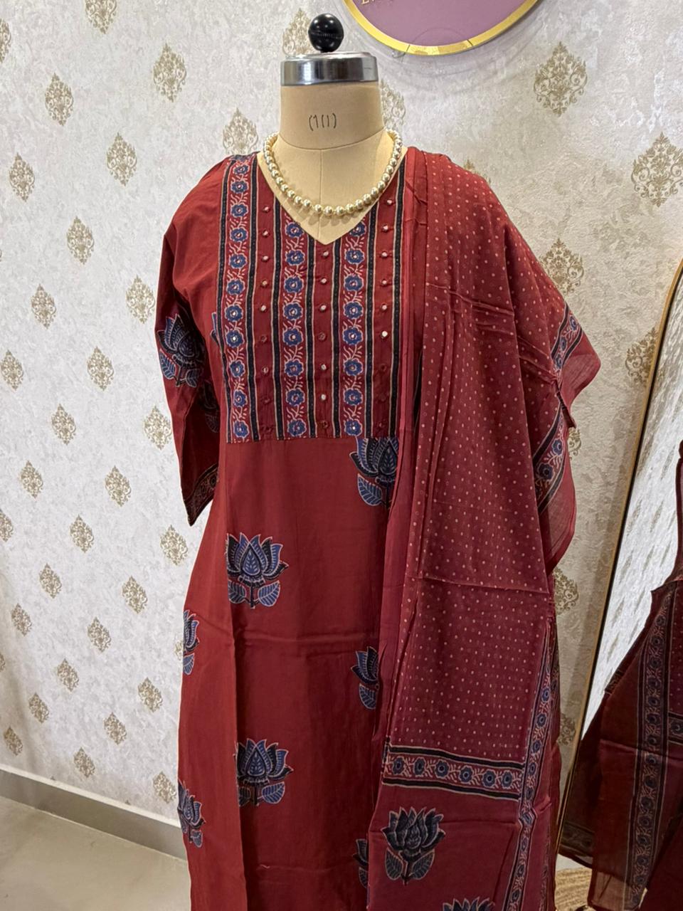 Maroon Floral Printed Kurta Set with Dupatta for Women
