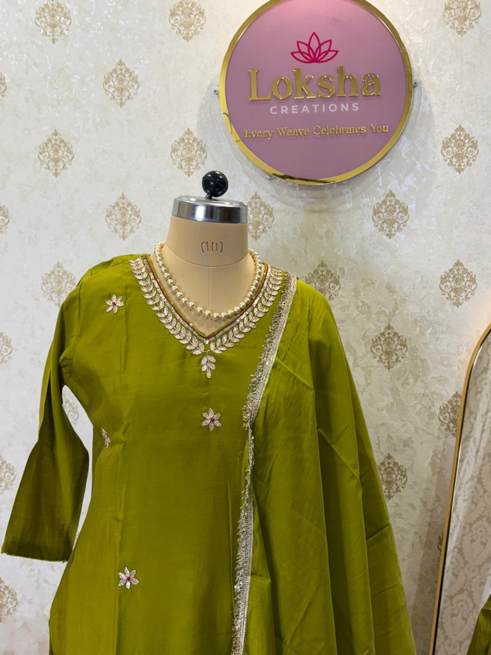 Olive Green Mul-Chanderi Kurta Set - Embroidered Top with Dupatta