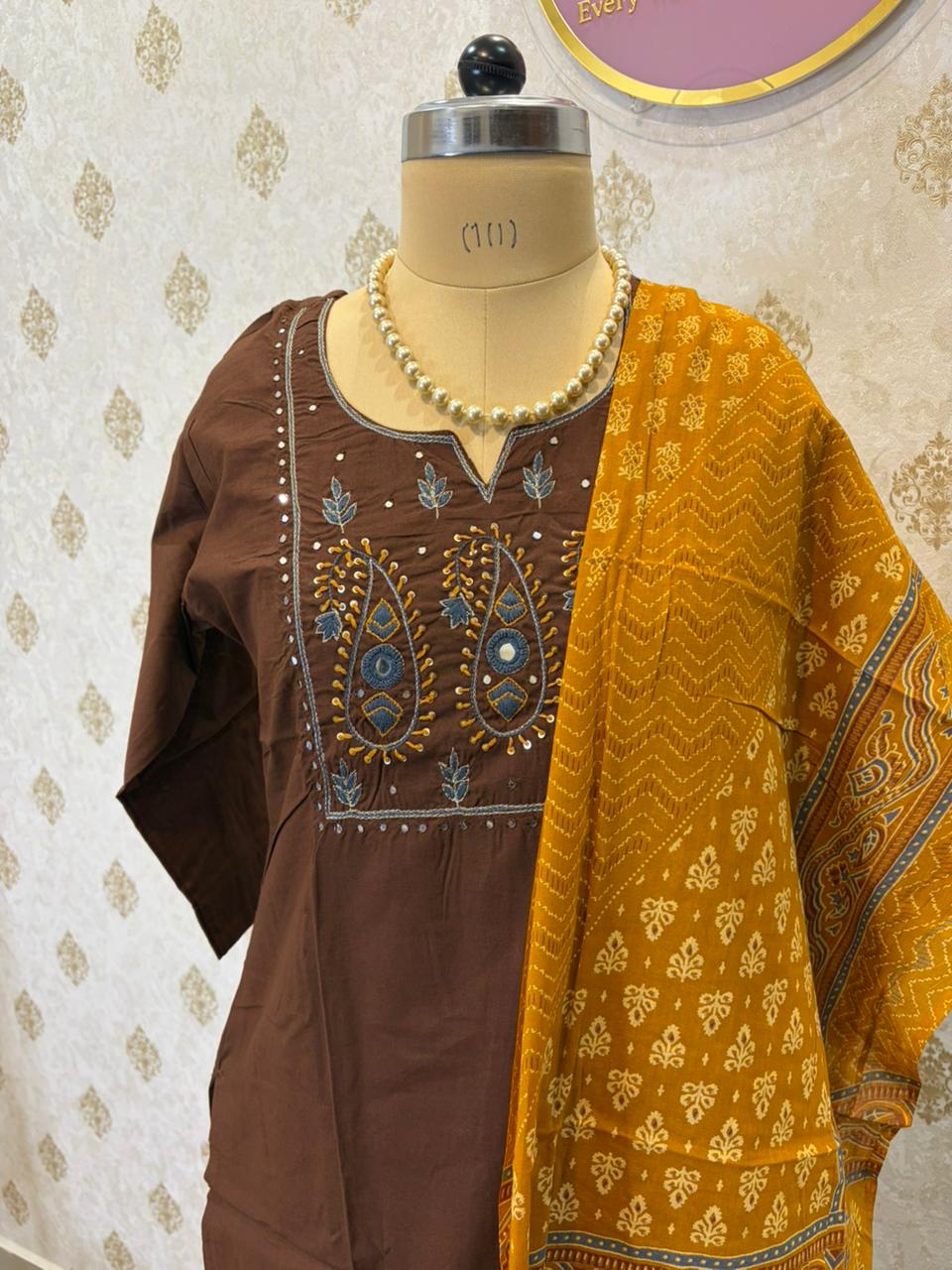 Coffee Brown Embroidered Kurta Set with Mustard Printed Dupatta