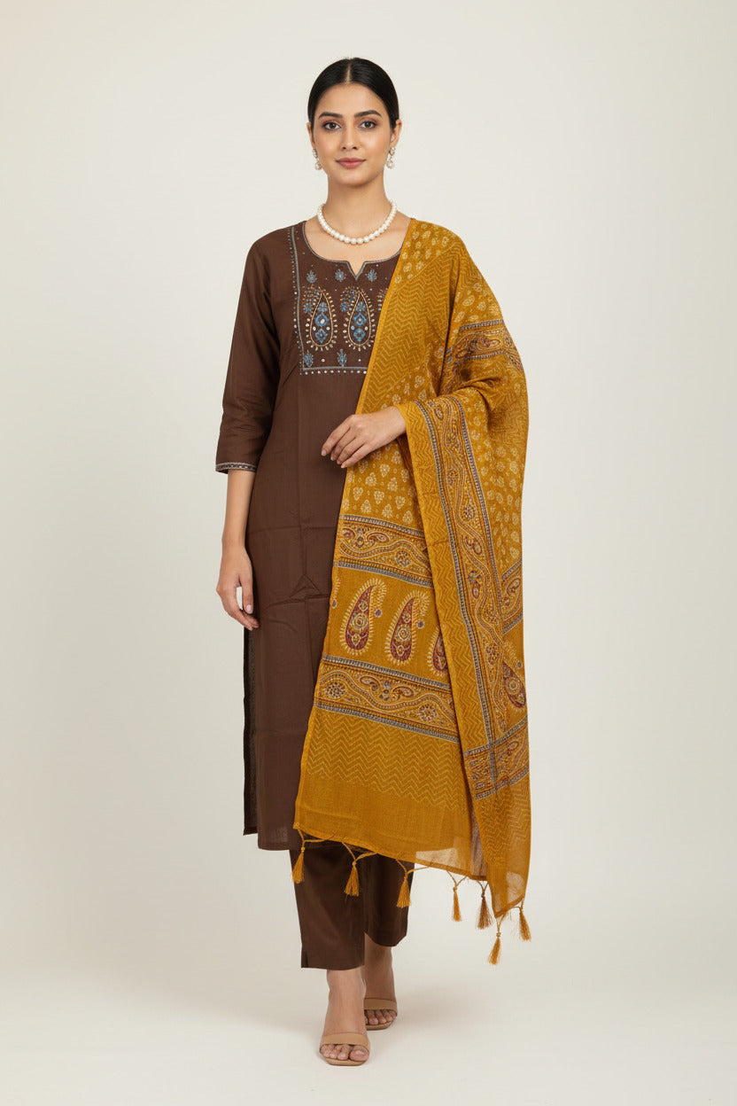 Coffee Brown Embroidered Kurta Set with Mustard Printed Dupatta