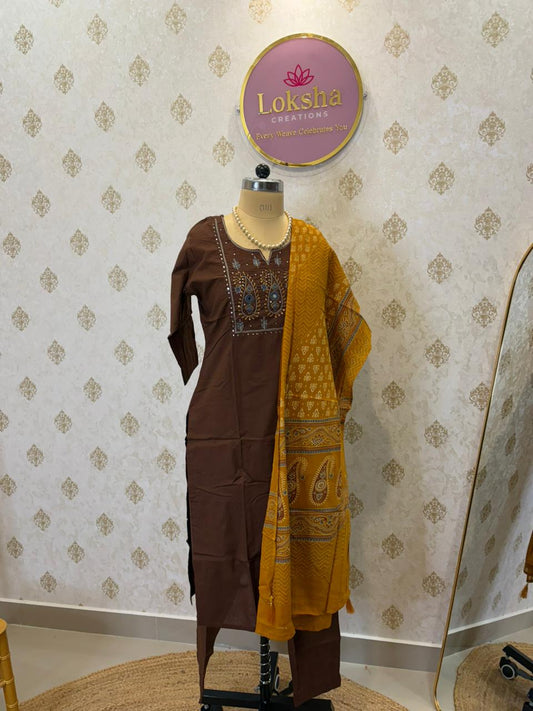 Coffee Brown Embroidered Kurta Set with Mustard Printed Dupatta