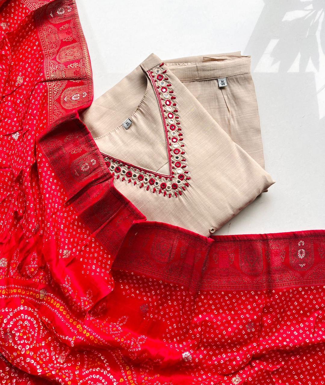 Beige Straight Kurta Set with Rich Bandhini Dupatta