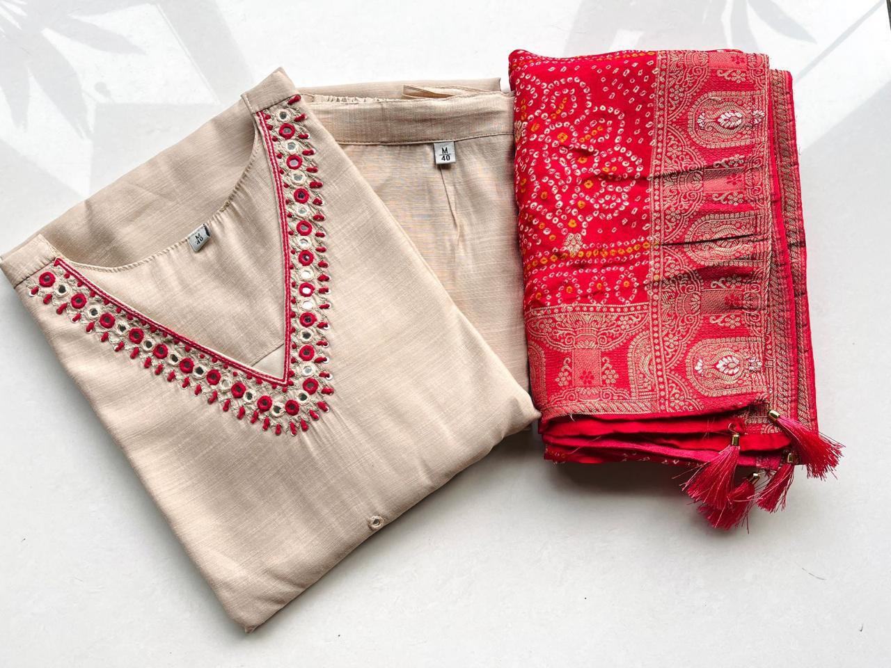 Beige Straight Kurta Set with Rich Bandhini Dupatta