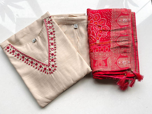 Beige Straight Kurta Set with Rich Bandhini Dupatta