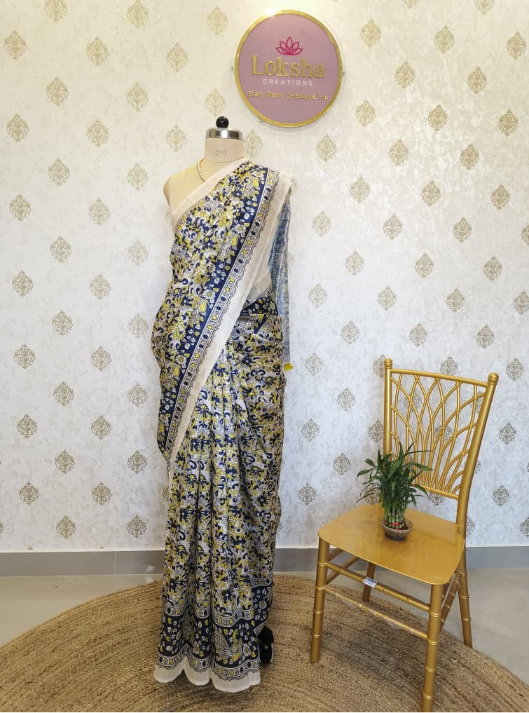 Neel Pushpa Kalamkari Mulberry Silk Saree with Paisley Border