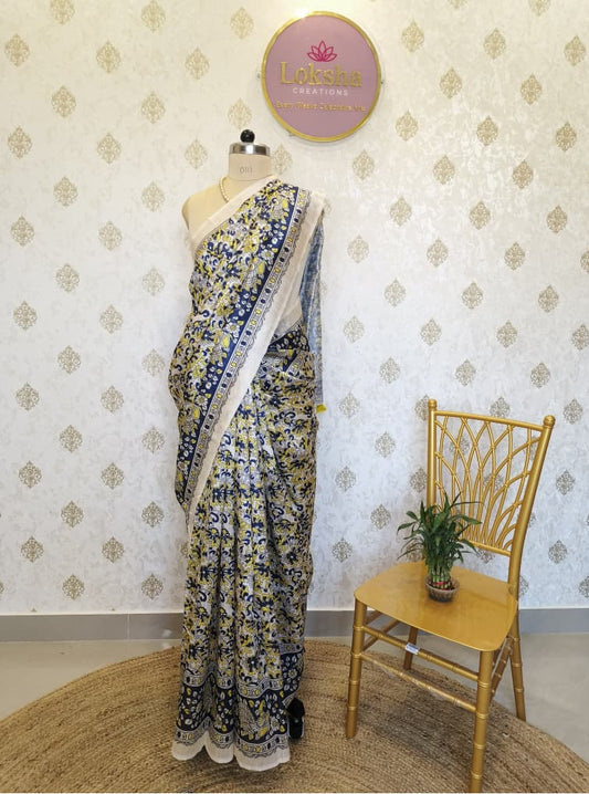 Neel Pushpa Kalamkari Mulberry Silk Saree with Paisley Border