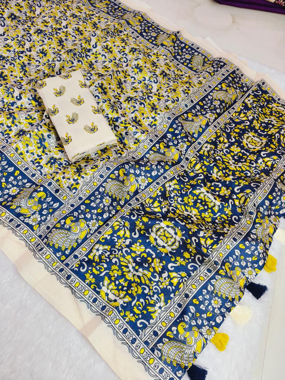 Neel Pushpa Kalamkari Mulberry Silk Saree with Paisley Border