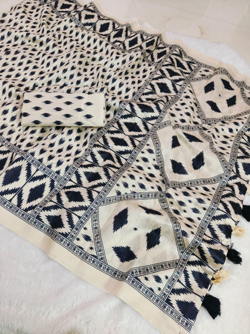 Ivory Black Ikkat Mulberry Silk Saree with Geometric Border