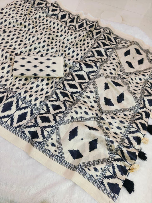 Ivory Black Ikkat Mulberry Silk Saree with Geometric Border