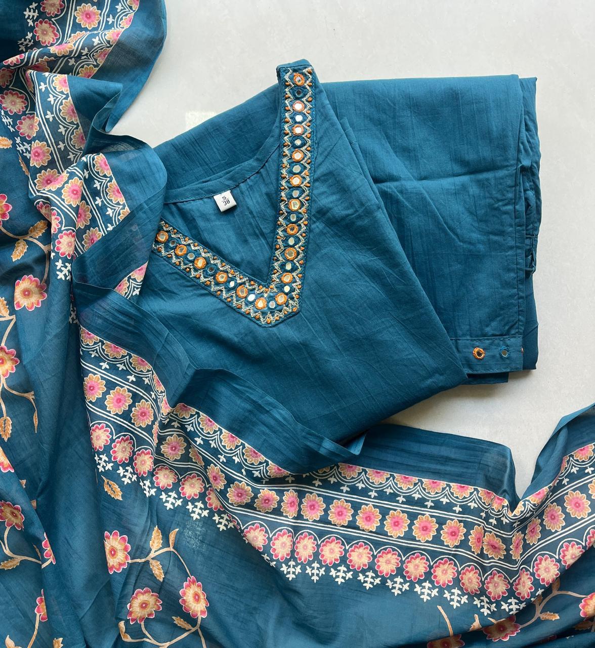 Teal Blue Kurta Set with Floral Dupatta