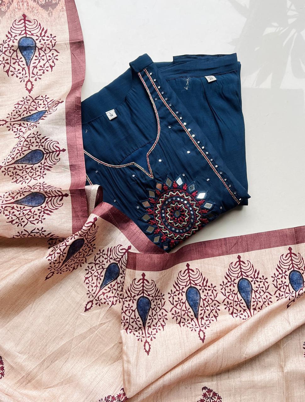 Navy Blue Mirror Work Kurta Set with Printed Tusser Dupatta