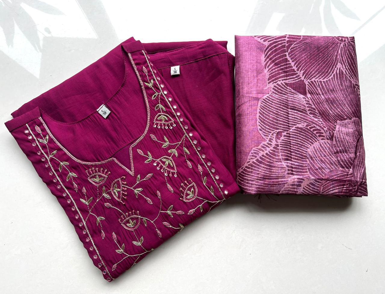 Berry Purple Embroidered Silk Kurta Set with Floral Tussar Dupatta