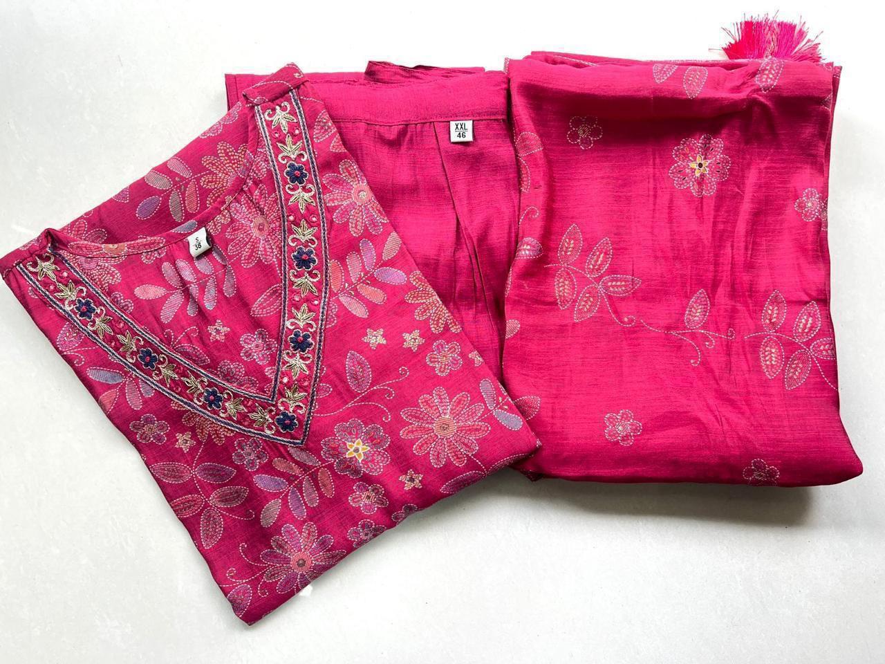 Rani Pink Floral Printed Kurta Set with Dupatta