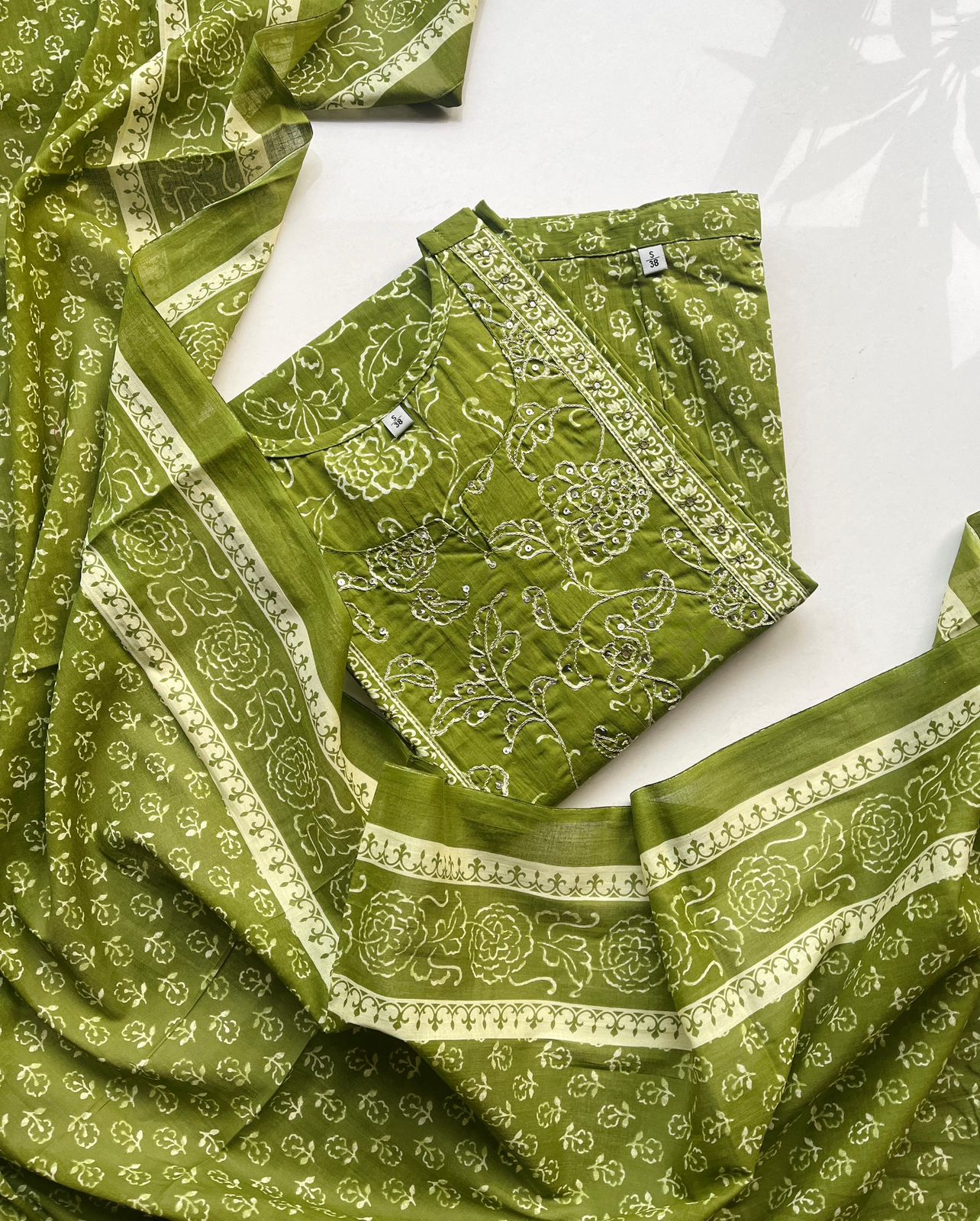 Olive Green Floral Printed Cotton Kurta Set with Dupatta