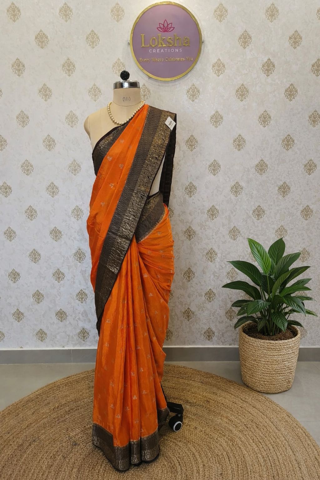 Rust Orange Crape Crush Silk Saree with Coffee Brown Contrast Pallu