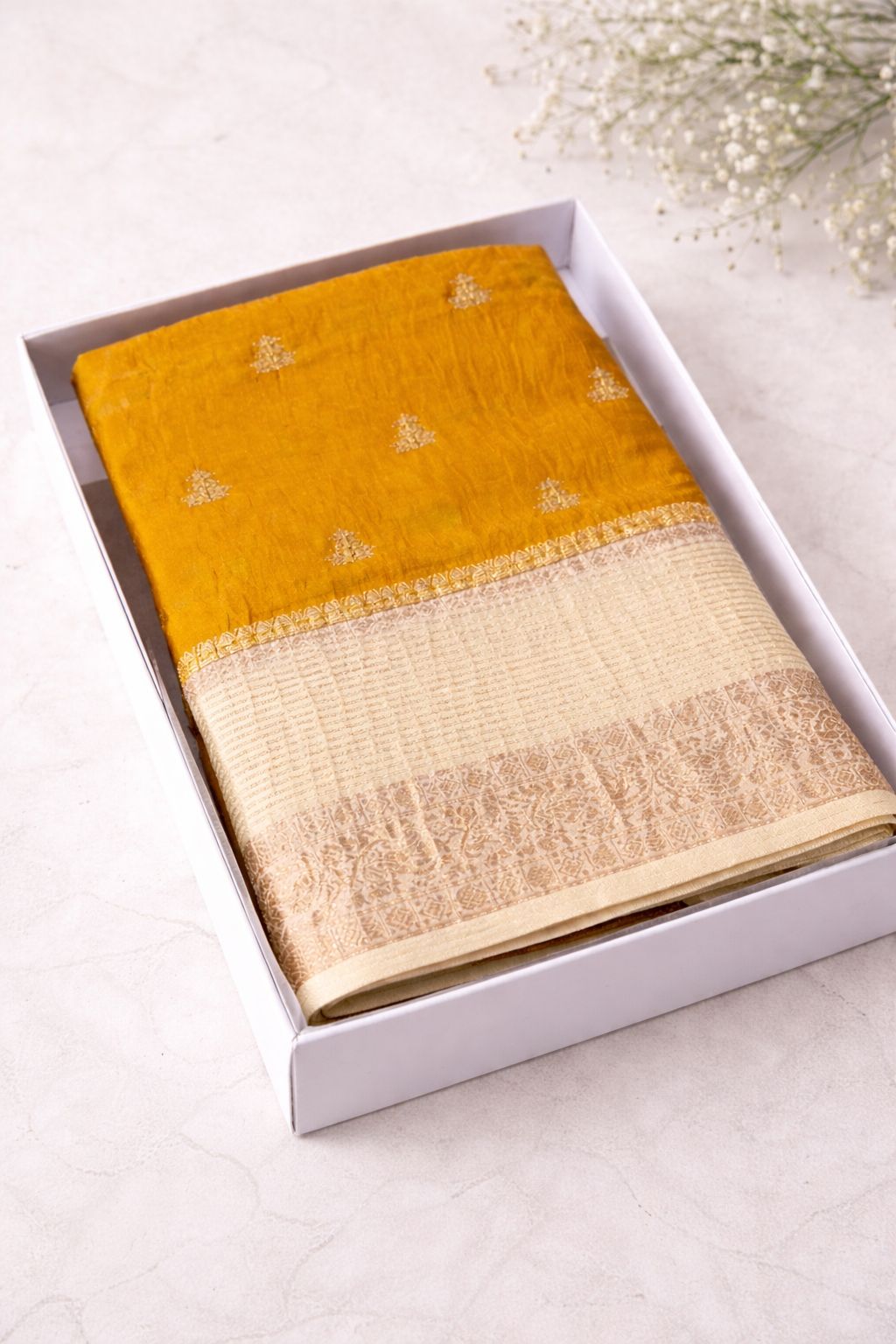 Mustard Yellow Crush Silk Saree with Cream Zari Border