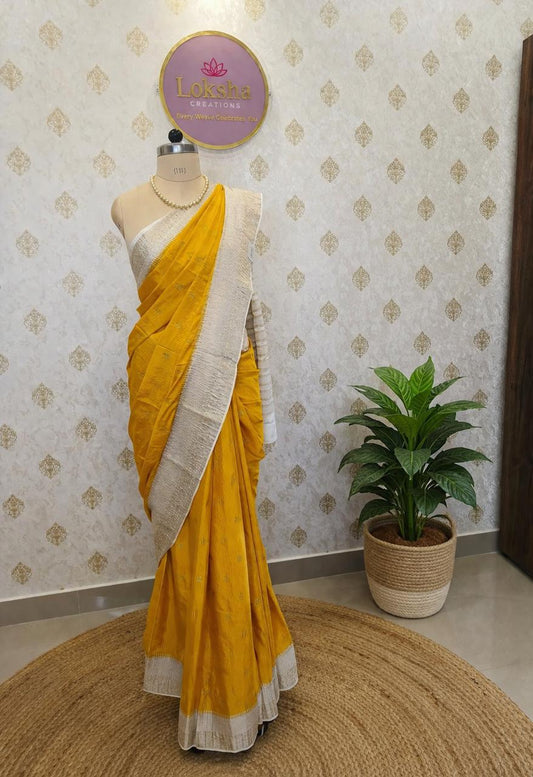 Mustard Yellow Crush Silk Saree with Cream Zari Border