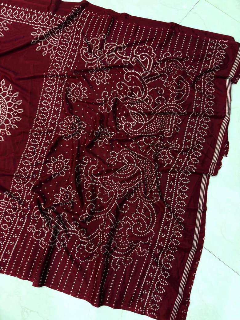 Wine Maroon Crape Gajji Silk Saree with Ajrakh Print
