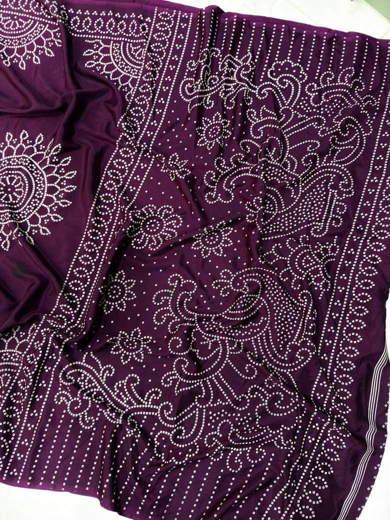 Plum Purple Crape Gajji Silk Saree with Ajrakh Print