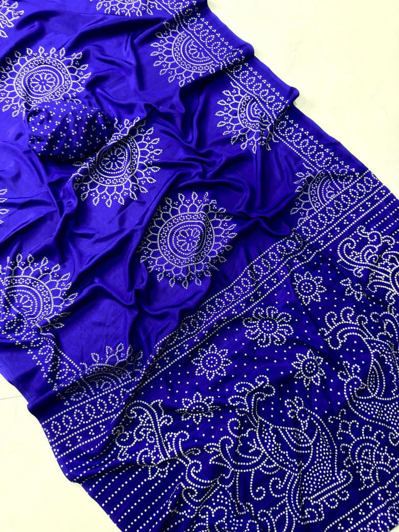 Royal Blue Crape Gajji Silk Saree with Ajrakh Print