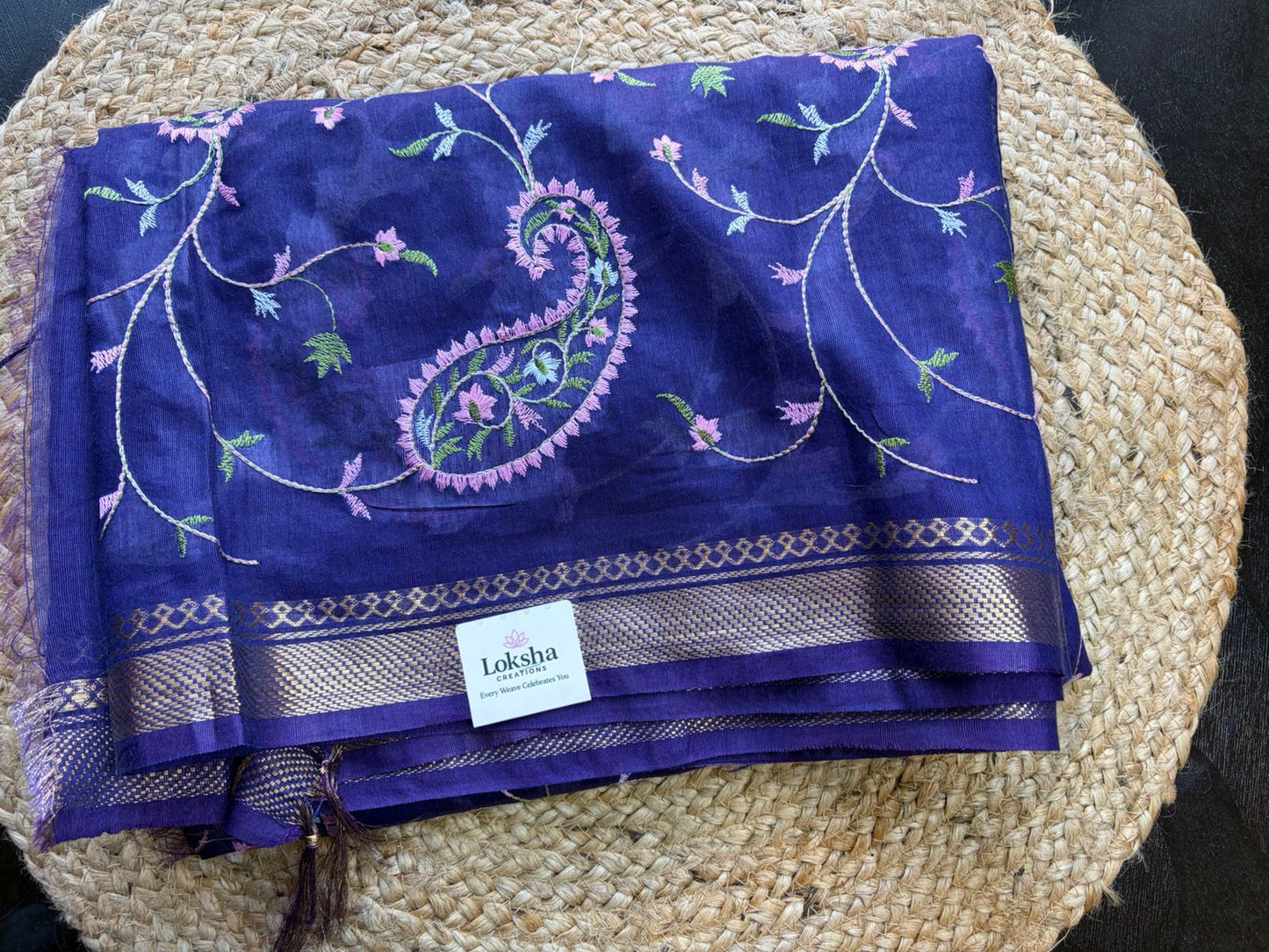 Deep Indigo Linen Saree with Paisley Machine Embroidery & Zari Border
