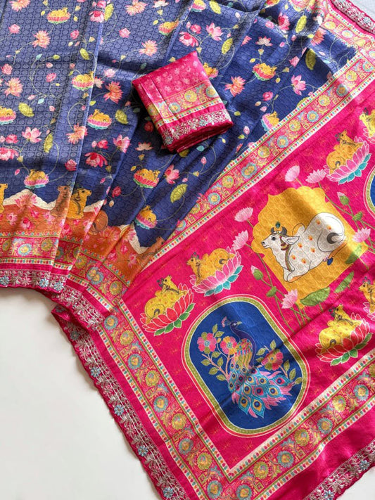 Indigo Pichwai Cow & Peacock Print Raw Silk Finish Saree with Pink Contrast Pallu