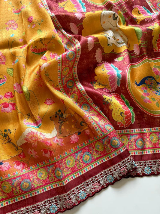 Mustard Gold Pichwai Cow Print Raw Silk Finish Saree with Maroon Contrast Pallu