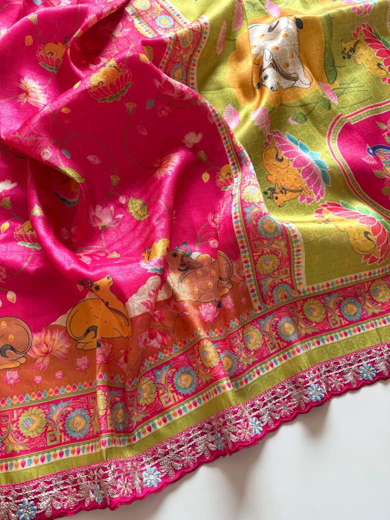 Pink Pichwai Cow Print Raw Silk Finish Saree with Olive Green Pallu