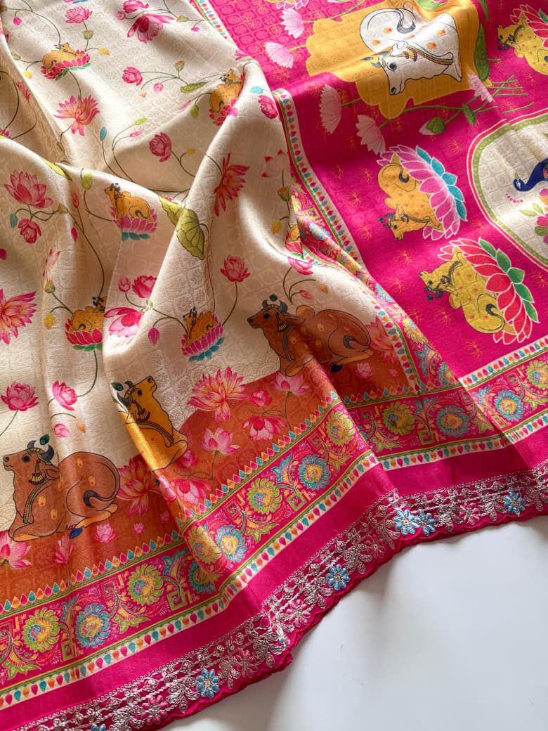Cream Lotus & Cow Pichwai Print Raw Silk Finish Saree with Pink Contrast Pallu