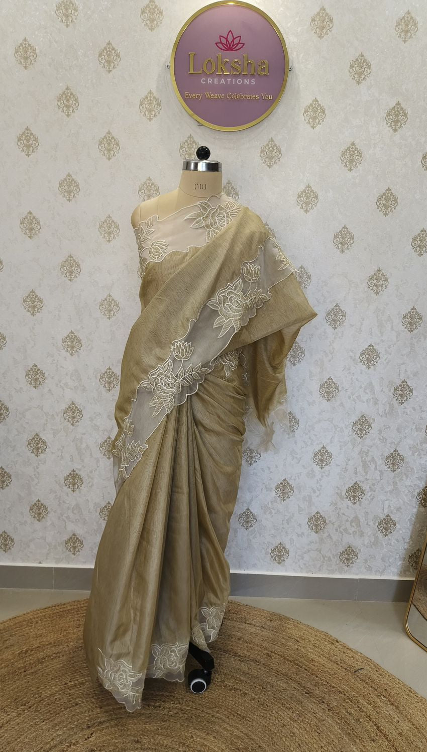 Champagne Gold Tussar Silk Saree with White Floral Applique Work
