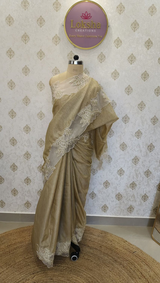 Champagne Gold Tussar Silk Saree with White Floral Applique Work