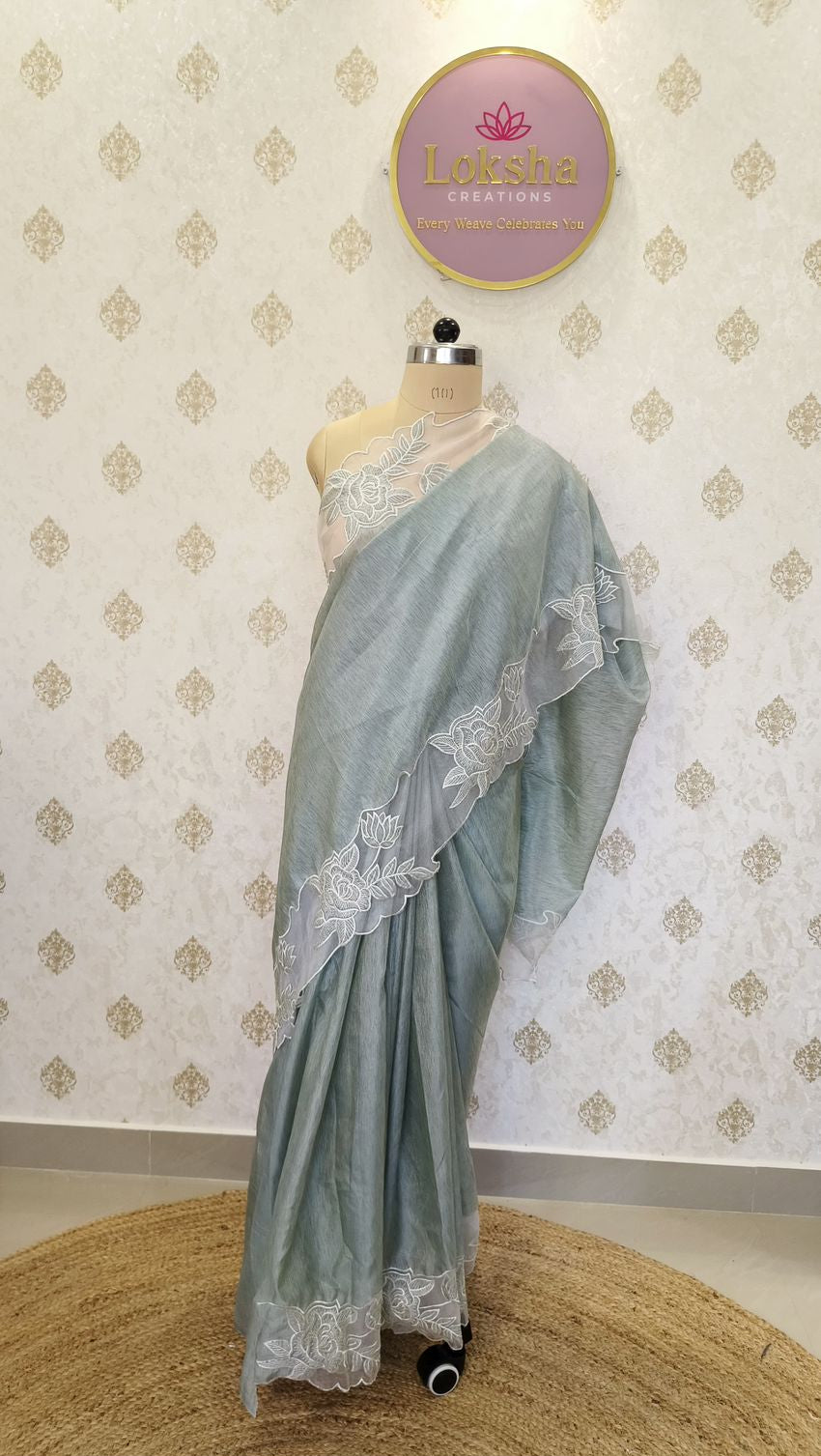 Misty Sage Blue Tussar Silk Saree with White Floral Applique Work