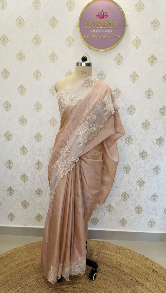 Champagne Beige Tussar Silk Saree with White Floral Applique Work