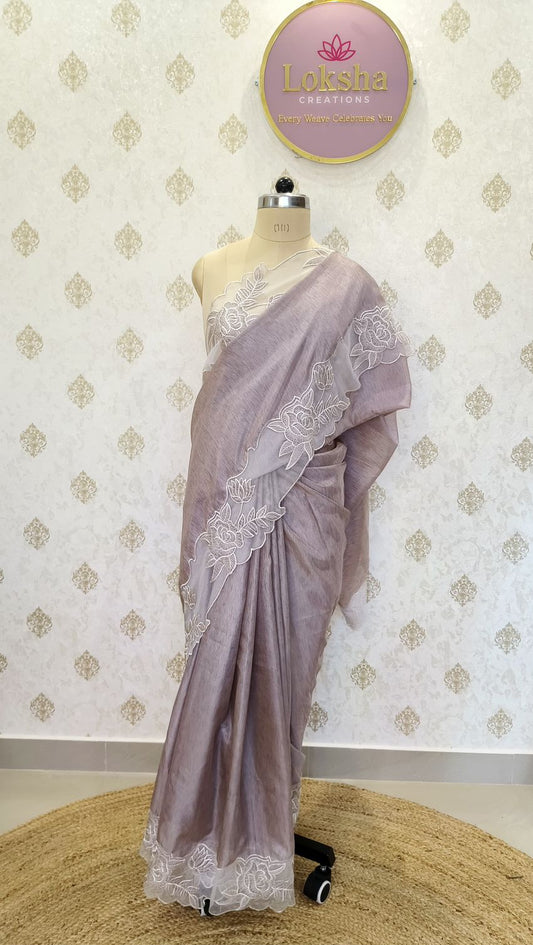 Mauve Tussar Silk Saree with Elegant White Applique Floral Work
