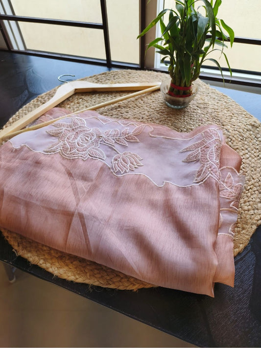 Champagne Beige Tussar Silk Saree with White Floral Applique Work