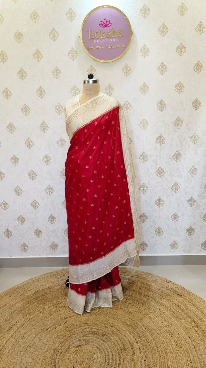 Red Crush Silk Saree with Cream Zari Border