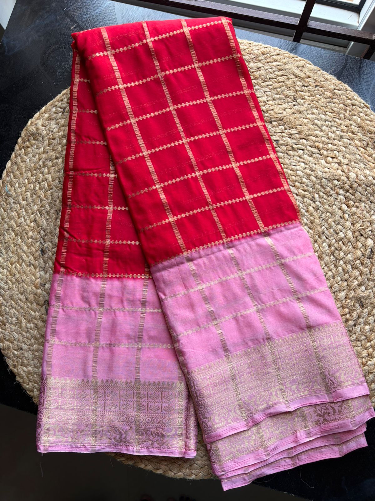Maya Chex Radiant Red Semi Crepe Saree with Soft Pink Zari Pallu