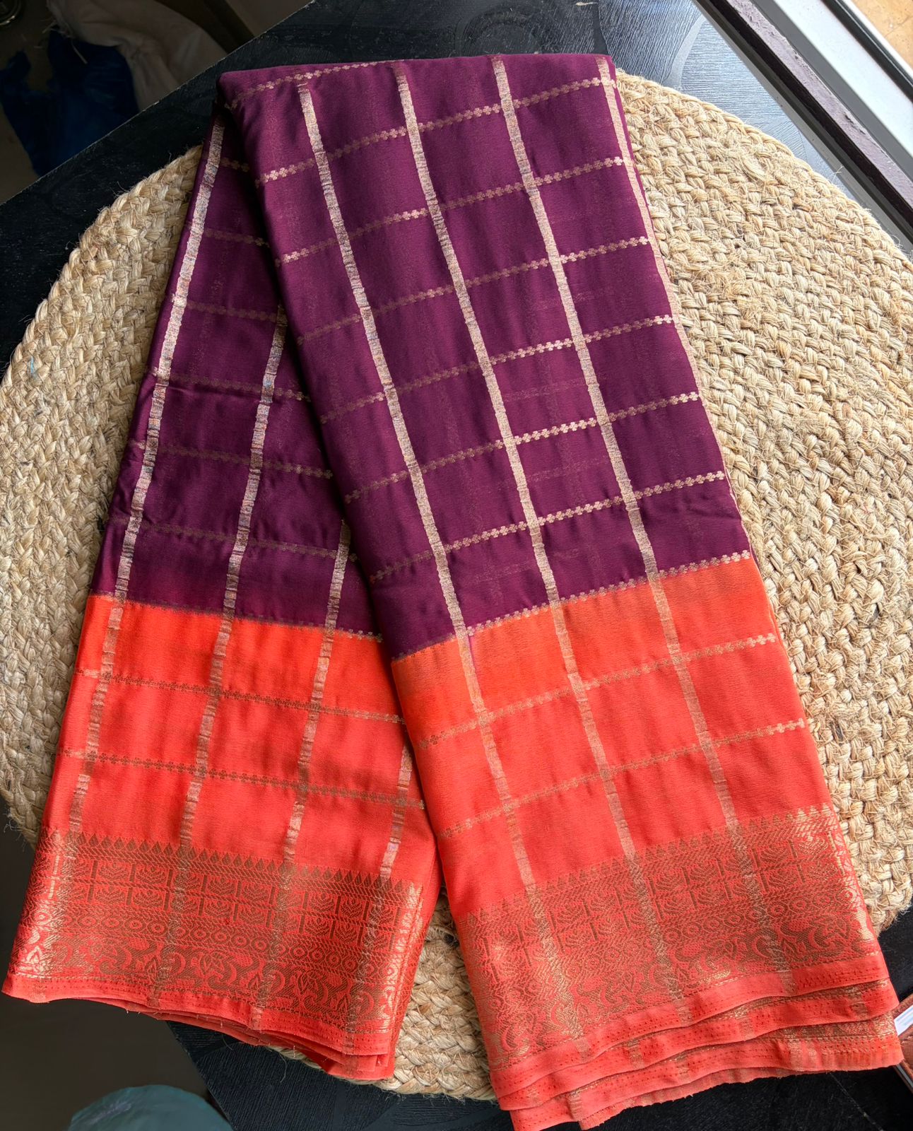 Maya Chex Royal Purple & Coral Semi Crepe Saree with Golden Checks
