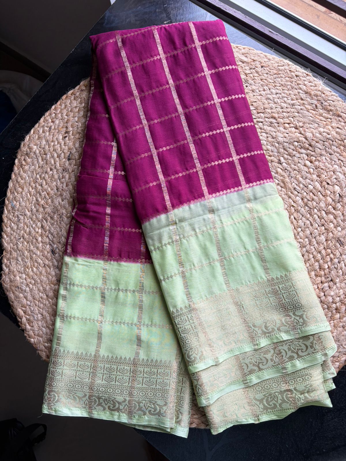 Maya Chex Royal Wine & Mint Green Semi Crepe Saree with Golden Checks