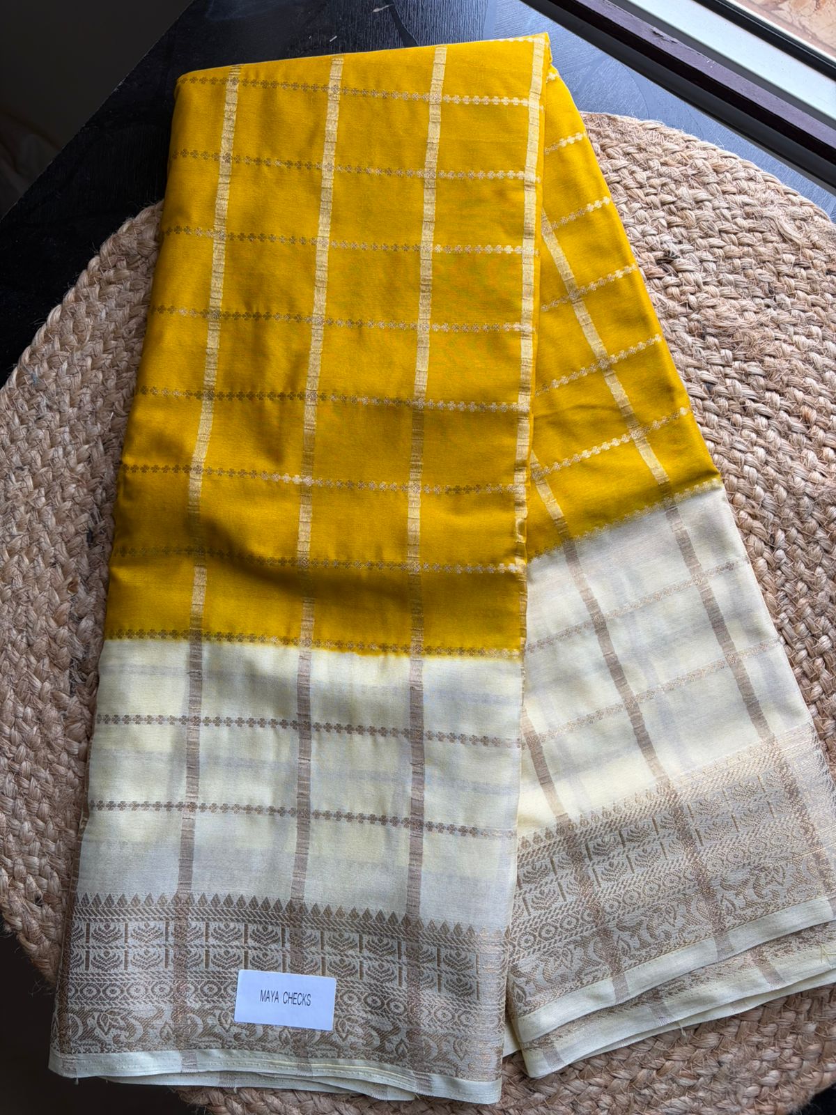 Maya Chex Mustard Yellow Semi Crepe Saree with Ivory Zari Checks