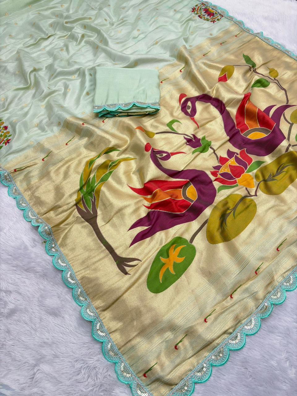 Mint Green Tissue Saree with Lace Work
