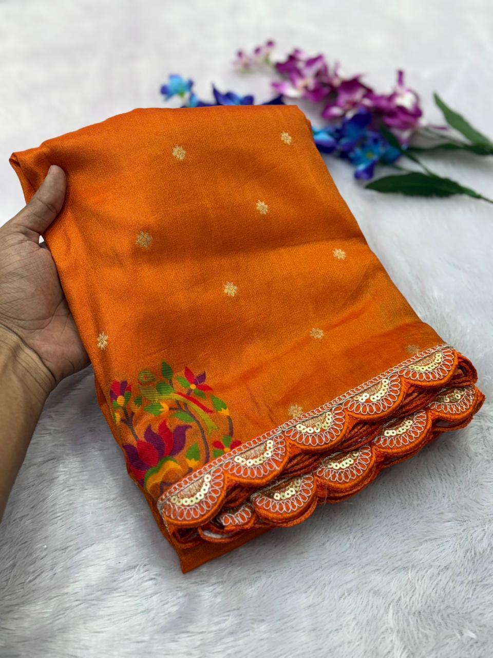 Rust Orange Tissue Saree with Lace work