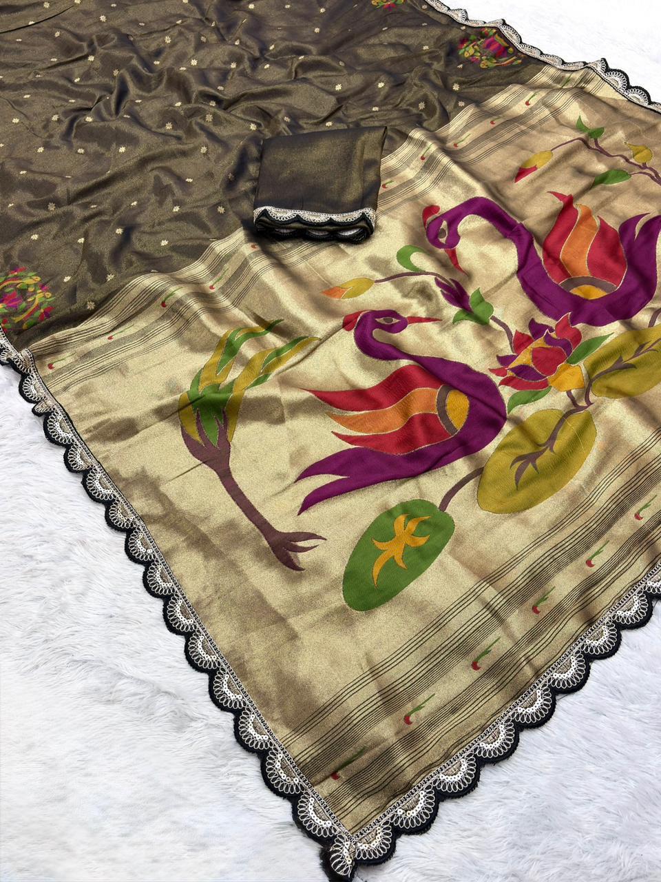 Moss Green Tissue Saree with Lace Border