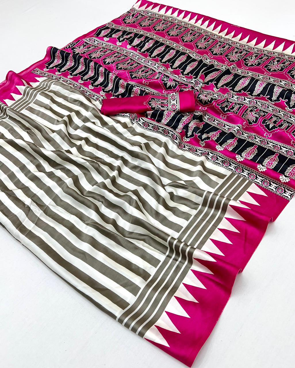 Royal Pink Modal Satin Ajrakh Print Saree