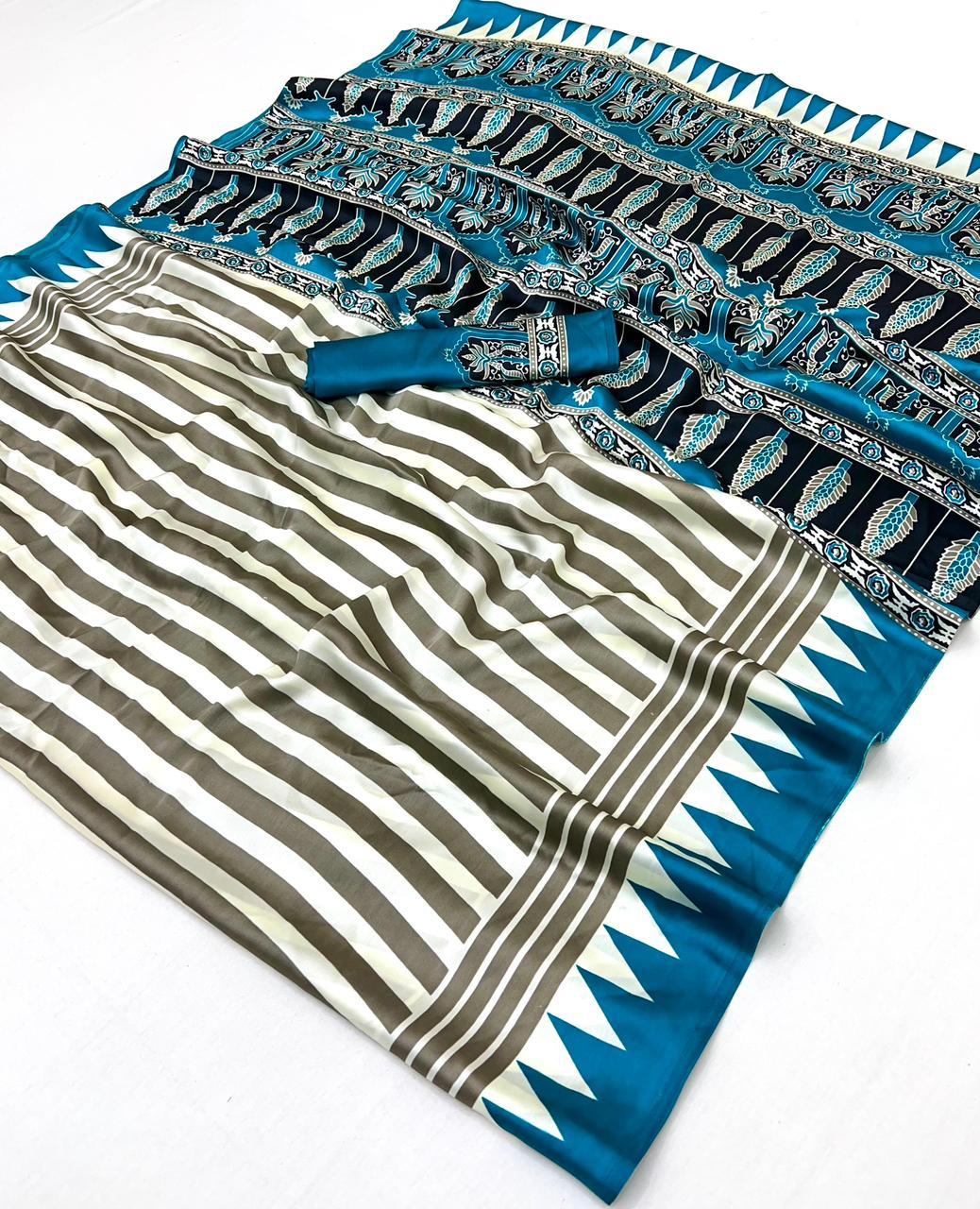 Teal Blue Modal Satin Ajrakh Print Saree